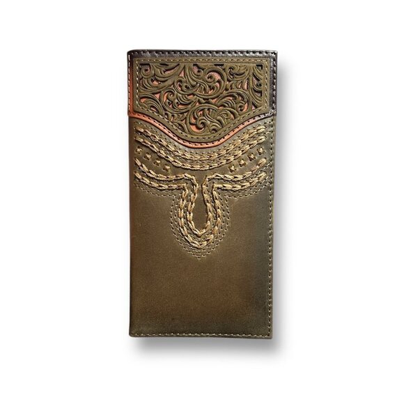 Justin Rodeo Wallet Brown Genuine Leather Tooled Western Stitch RFID Long Bifol - Picture 1 of 6